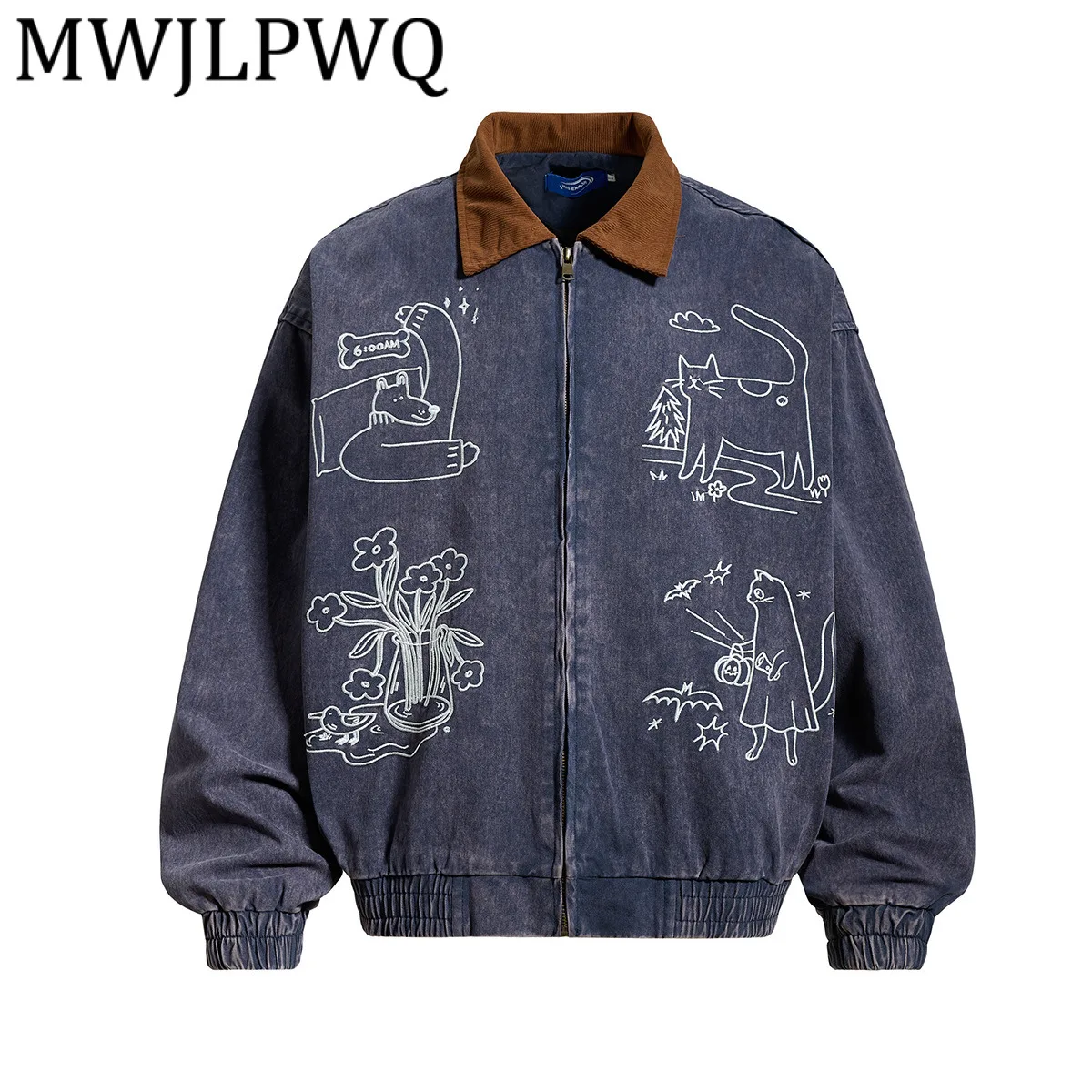 

MWJLPWQ Men's 2026 Autumn New Jacket American Retro Embroidery Design Vintage Style Washed Streetwear Lapel Casual Tops 21994