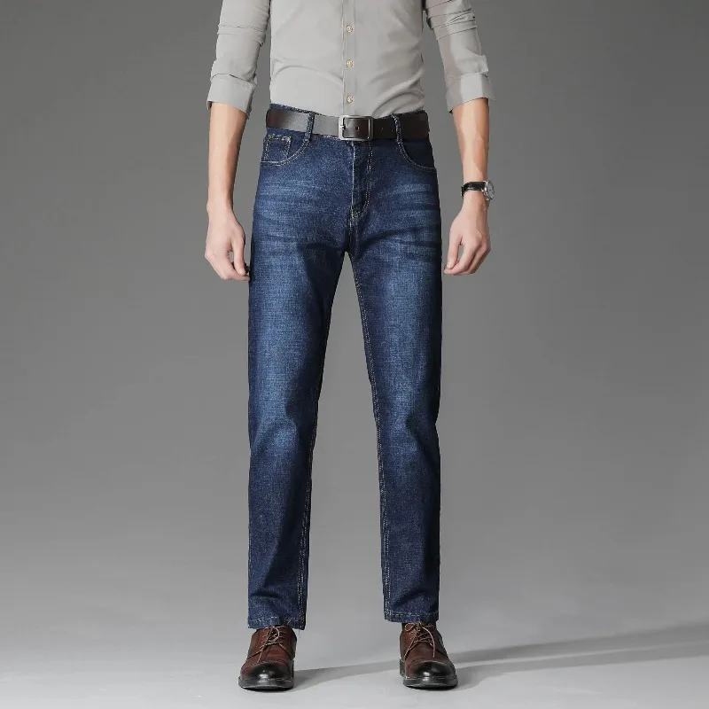 Men's Autumn Winter High Waisted Solid Bright Line Decoration Pockets Button Zipper Loose Denim Trousers Casual Formal Pants