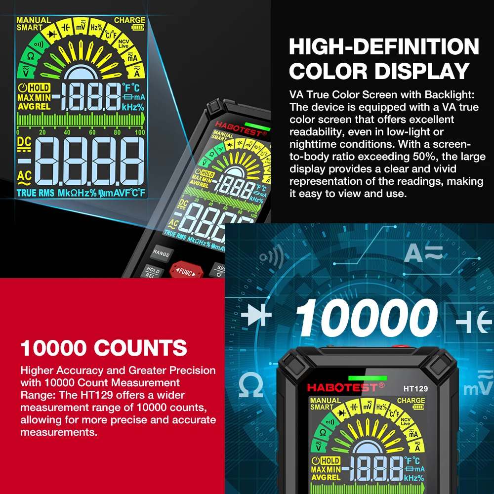 

HABOTEST умный профессиональный цифровой мультиметр 10000 отсчетов постоянного/переменного напряжения конденсатор тока Ом тестер электрика зарядка