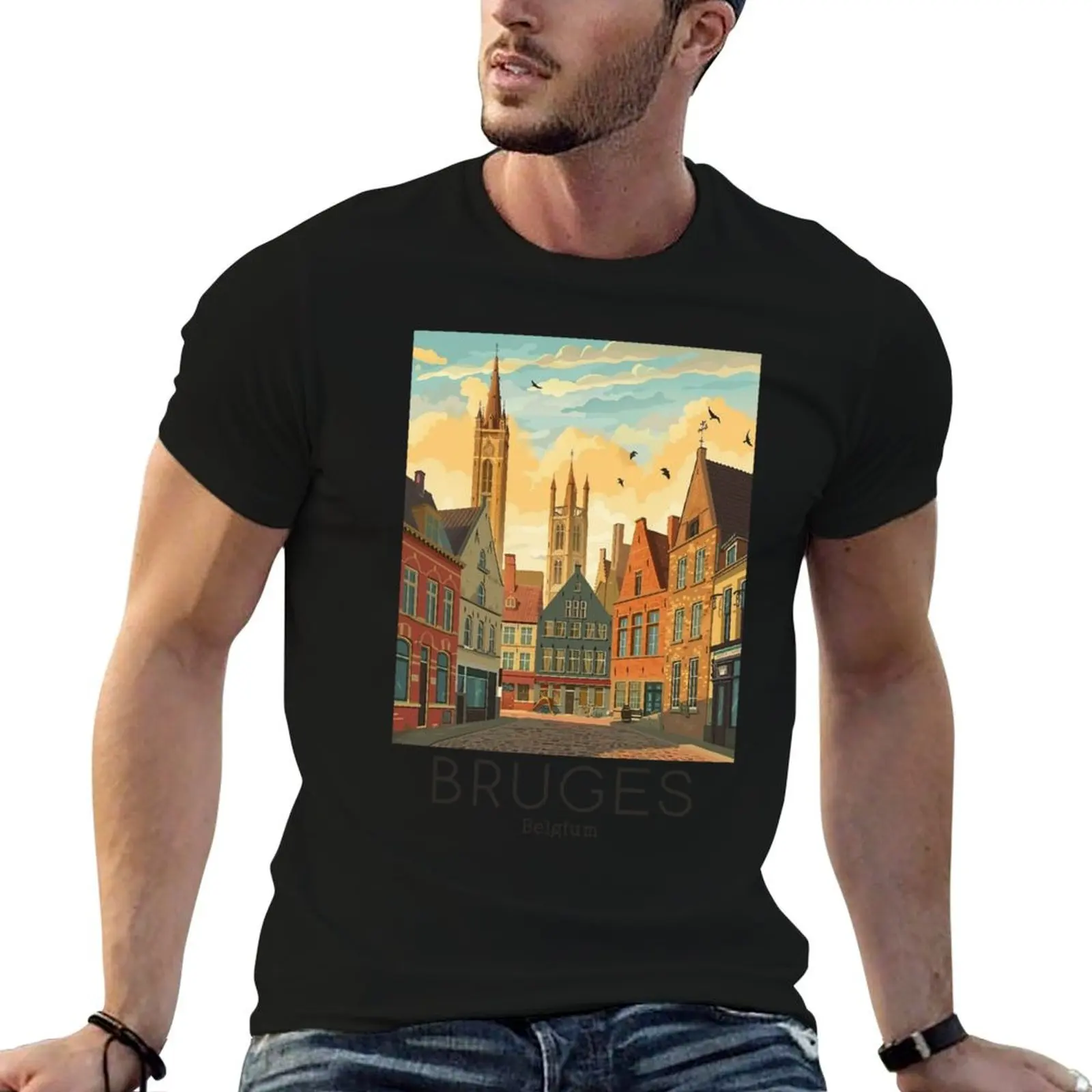 A Vintage Travel Illustration of Bruges - Belgium T-Shirt anime stuff blanks graphic tee shirt T-shirt men