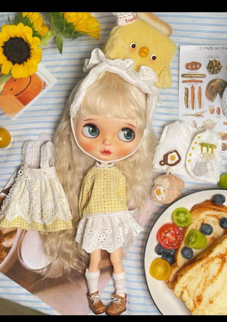 6PCS kawaii toast blythe doll outfit Hat, long sleeved top/plush vest/camisole/apron/socks/1/6(Fit for Pullip,Ob22/24/26, Licca)