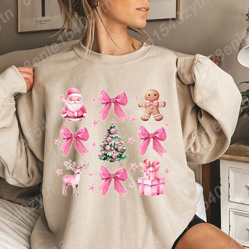 Christmas Pink Bow Santa Print Women Pullover Autumn And Winter Fashion Ladies Long Sleeve Sweatshirt O Neck Hoodless Sweatshirt