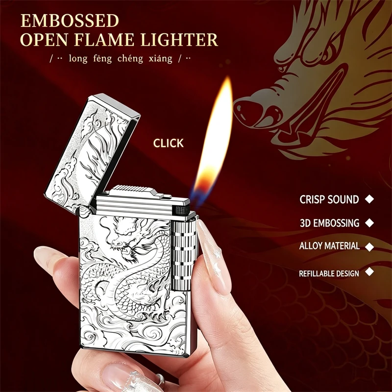 Creative Dragon Emboss Open Flame Butane Lighter, Refillable Portable Cool Cigarette Igniter, Stylish Smoking Accessory Men Gift