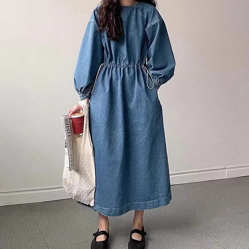 Korean Autumn Dress Women\'s Vintage Lazy Style Round Neck Double Pocket Drawstring Waist Slim Denim Dress Women Tunic Robe Z2849