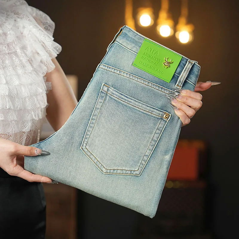 

Retro light blue jeans men's summer thin fashion, light luxury versatile casual business men's long pants