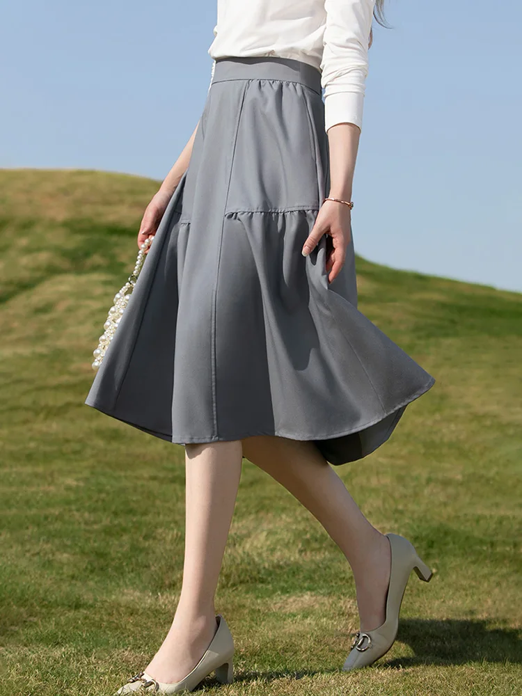 I BELIEVE YOU Grey Skirt with  Pockets High Waist Aline Skirts 2023 Spring Woman Clothing New Mid-calf Length Bottoms 2231024687