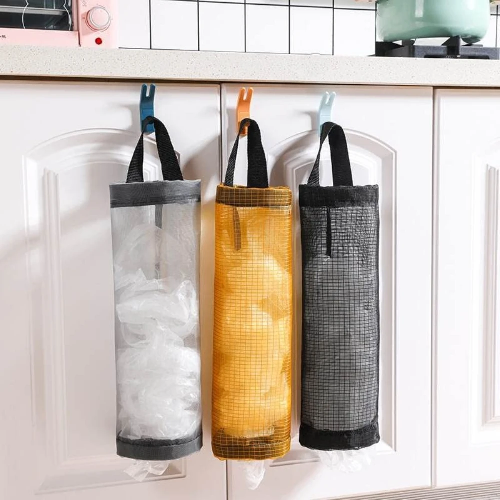 Plastic Bag Holder Wall Mount Mesh Plastic Bags Dispenser Hanging Reused Storage Pouch Trash Bags Kitchen Garbage Organizer