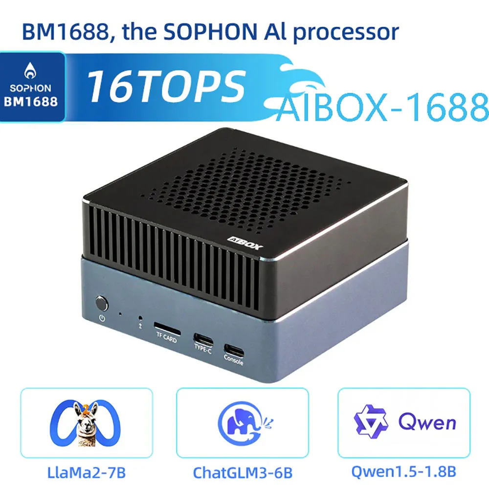 

AIBOX-1688 Large-ModelAl Box BM1688 AI processor 1.6 GHz Of Frequency 16 TOPS Computing Power LLama2 ChatGLM Qwen