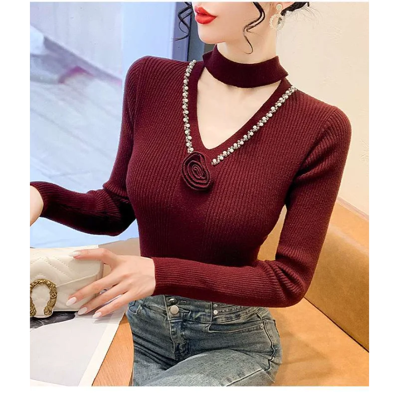 2025 Neue Herbst Sexy Hohl Pullover Feminine V-need Schlank Bodenbildung Mode Top