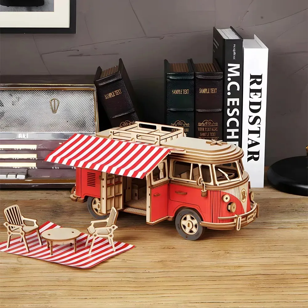 3D Wooden Car Retro Bus Parent Child Interactive Creative DIY Toys Wooden Puzzle House Model Decoration Children's Puzzle Gift