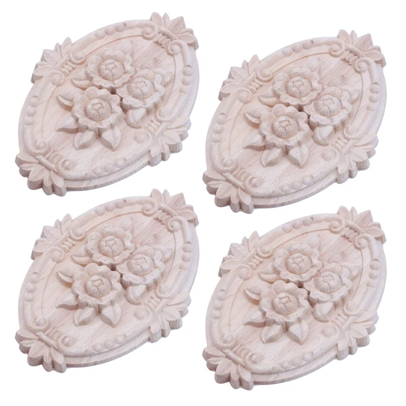 4X Retro Wood Ornament Applique Carving Ornament For Cabinet Door Furniture Decoration(13X9cm)
