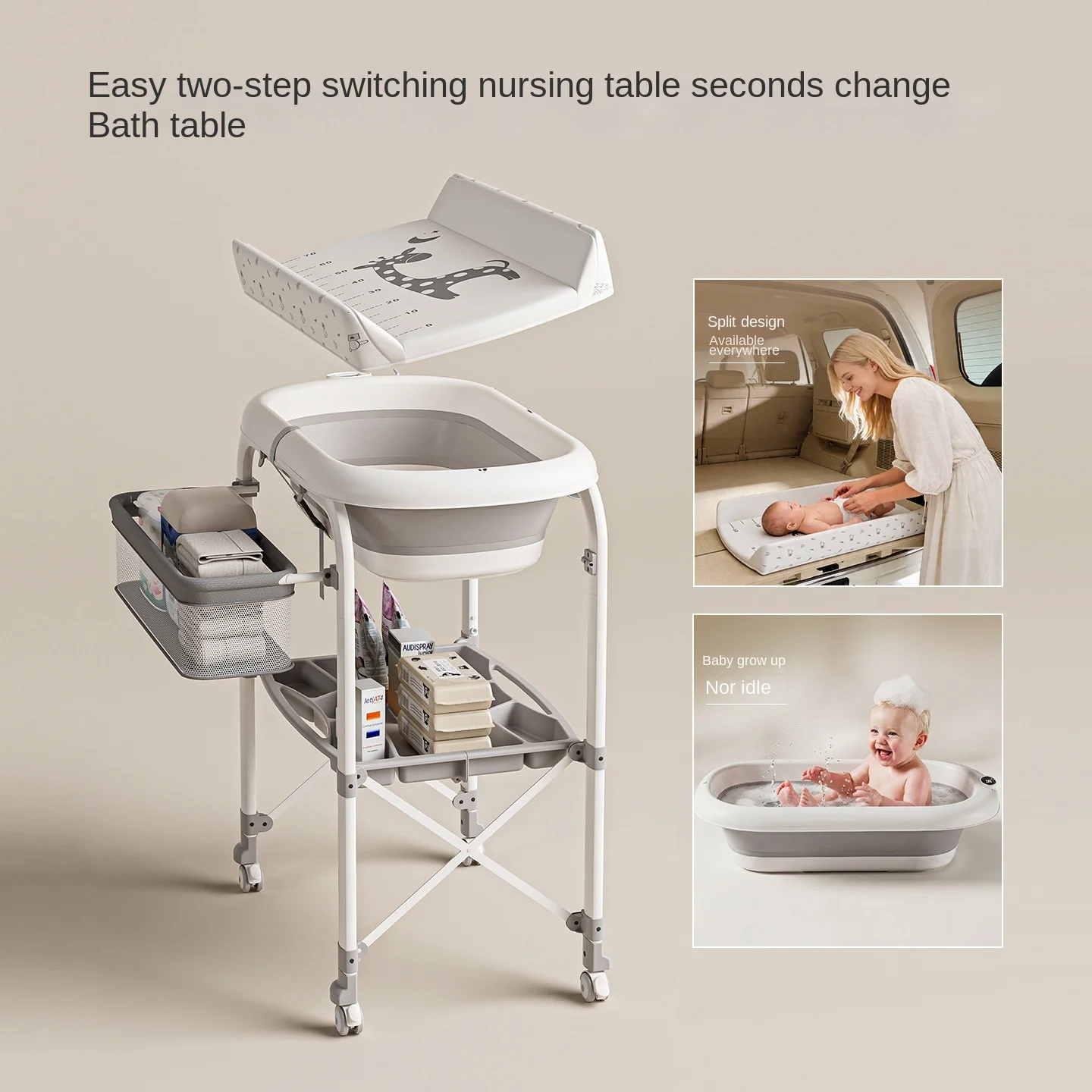 3-in-1 Baby Changing Table with Temperature-Sensing Bath Tub, Foldable, Storage Basket, Reinforced Weight Capacity, with Wheels