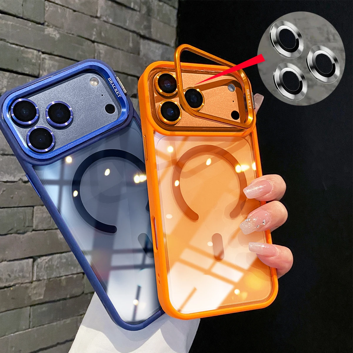 Magnetische Hülle mit Metalllinsenständer für iPhone 17, 16, 15, 14, 13, 12, 11 Pro Max Plus Air Phone Magsafe-Linsenglasfolie, klare Halterung