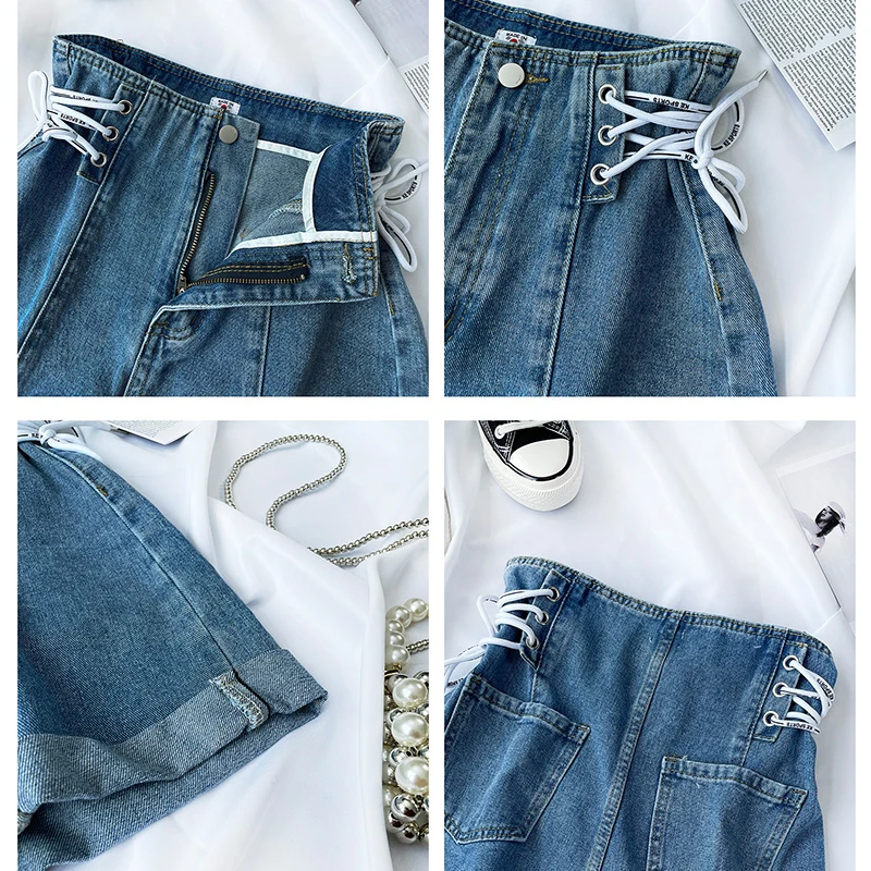 Women's New High Waist Denim Shorts Summer Tie-up Design Strap A-line Wide Leg Pants Loose Slimming Curly Edge Cowboy Pants