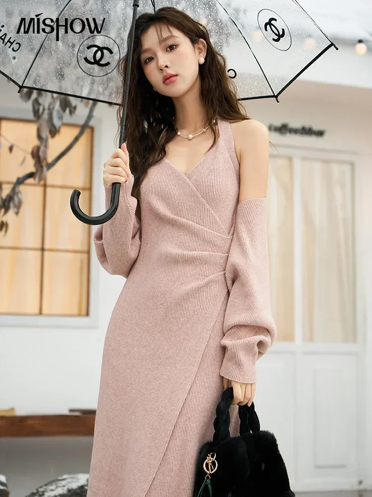 MISHOW Womens Knit Midi Dresses Autumn Winter 2 Piece Set 2023 Elegant Pretty Sexy Halter Dress Cardigan Suit Female MXC53T0155