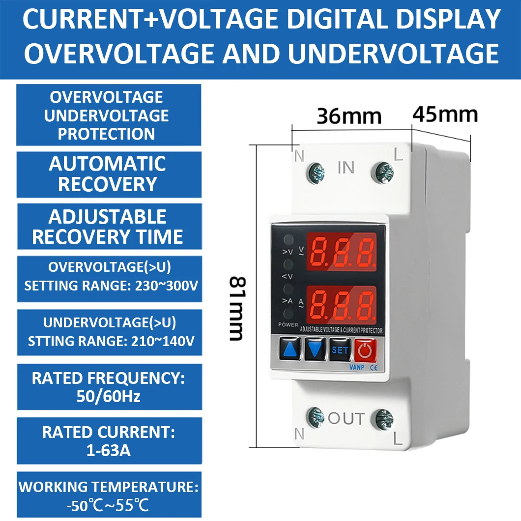 ABILKEEN Single Phase 1-40A/63A Intelligent Circuit Breaker Adjustable Over/Under Voltage Break Circuit with Digital Display