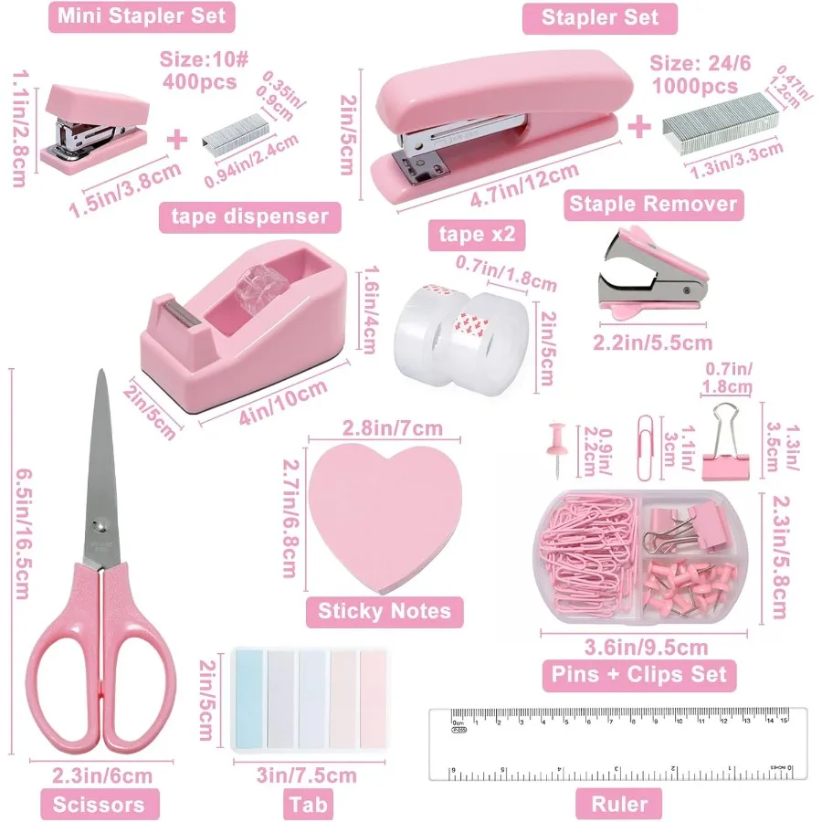 Juego de suministros de oficina rosa, Kit de papelería de 11 piezas: cintas dispensadoras de cinta grapadora, removedor de grapas, Clips de carpeta, alfileres de empuje Stic