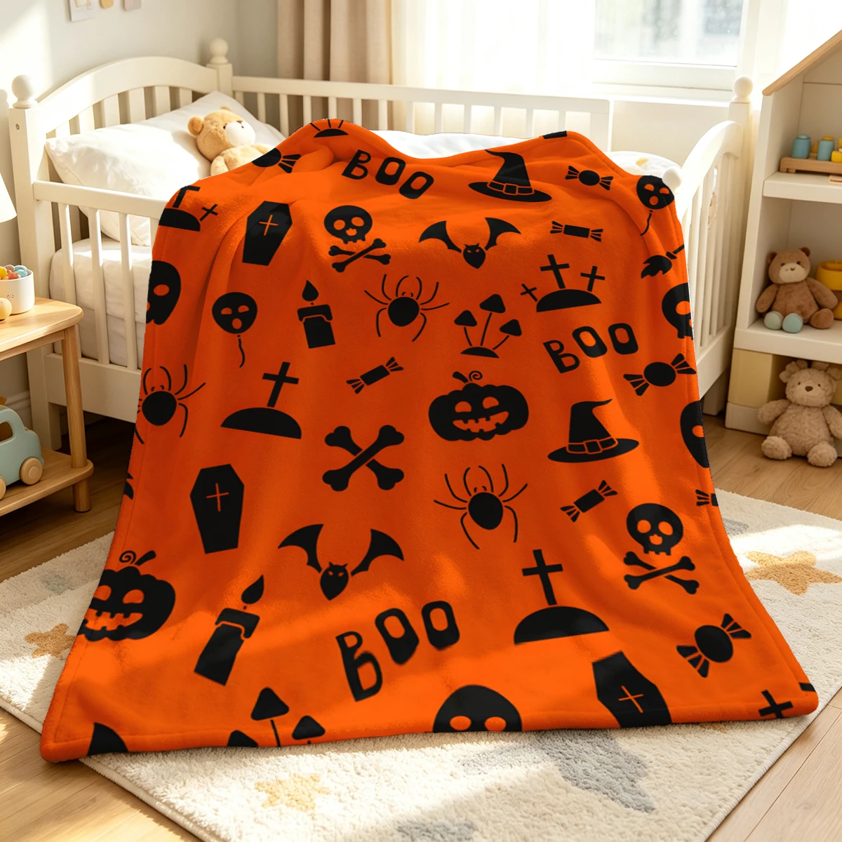 Orange Skull Tombstone Flannel Blanket Warm Soft Halloween Christmas Decorative Couch Warm Cozy All-Season Gift