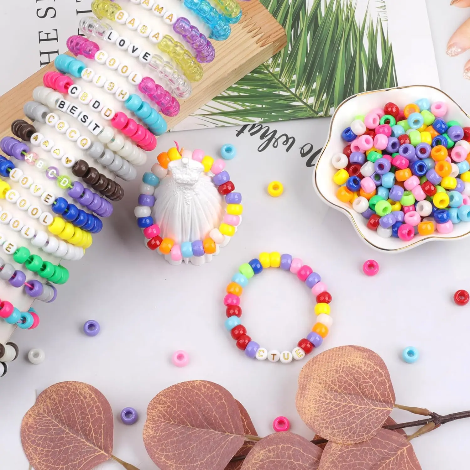 1000Pcs 6X9mm Plastic Barrel Pony Beads for Necklace,Hair Beads for Braids,Key Chain,Jewelry Making