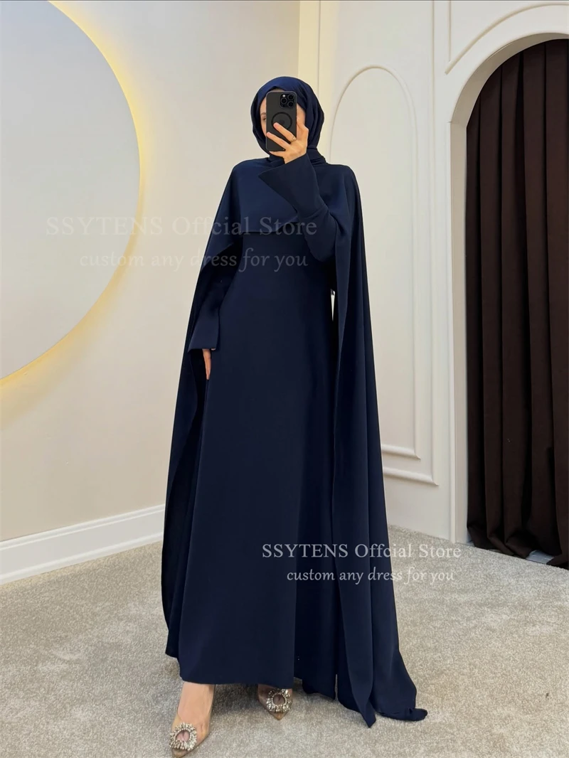 SSYTENS Modest Long Crepe Evening Dresses with Cape  White Party Gowns فساتين السهرة Prom Dresses for Women Custom