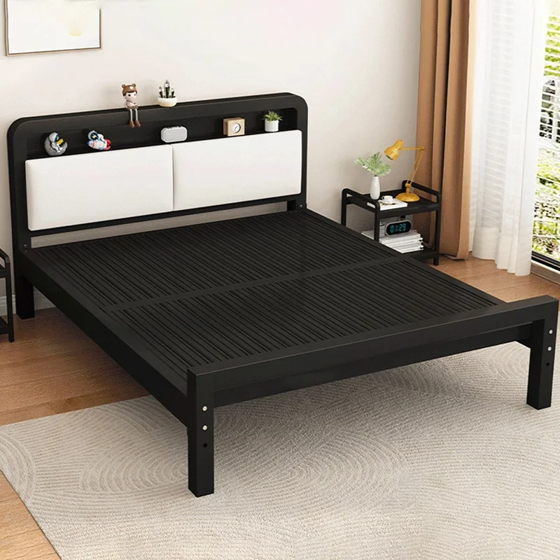 Iron Bed Frame with Leather Headboard Bedroom Adjustable Height Bed Bases with Storage Home Hotel Sturdy Mattress Pallet