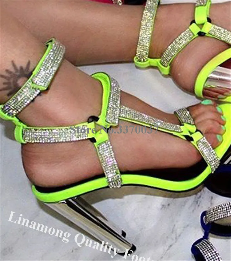 Linamong Bling Bling Rhinestone Strpas Chunky Heel Sandals Pink Black Crystal Thick High Heel Sandals Wedding Dress Shoes view 6