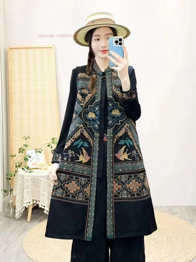 

2025 chinese vintage hanfu tops traditional stand collar vest national flower embroidery folk vest oriental sleeveless jacket