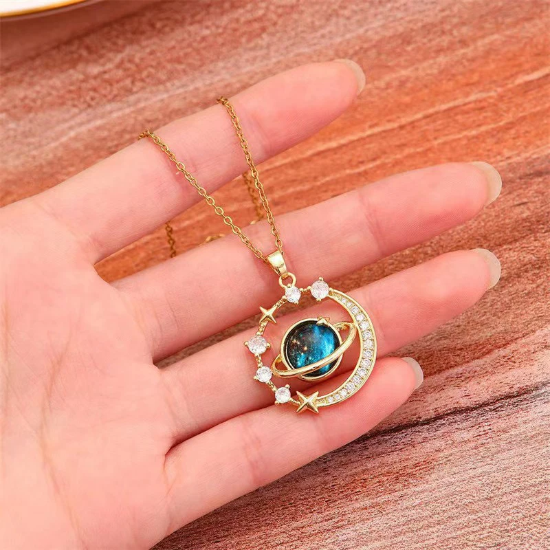 Y2K Starry Sky Planet Light Luxurious Temperament Gorgeous Necklace Star and Moon Versatile Stainless Steel Clavicle Chain 2026