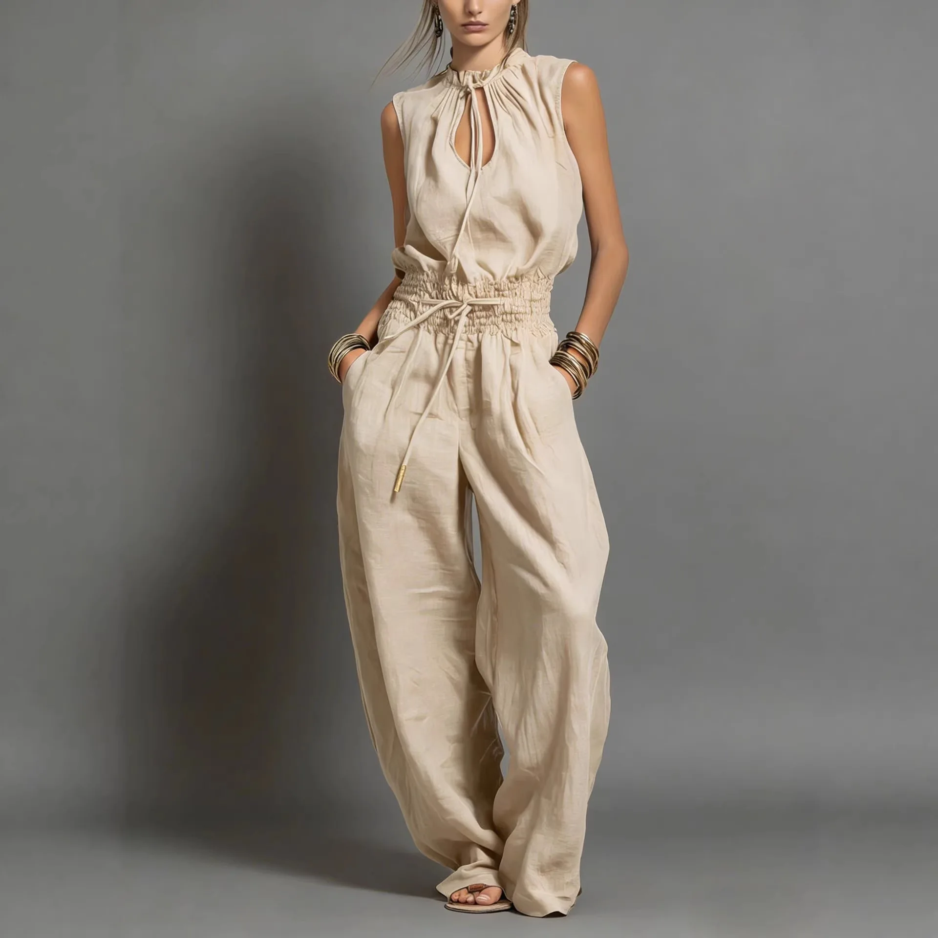 Women Elegant Sleeveless Jumpsuit High Waist Pleated Flowy Wide Leg One Piece Overalls Holiday Hollow Casual Streetwear Rompers