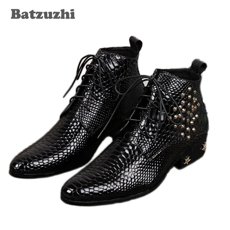 

Batzuzhi Top Fashion Black Man's Ankle Boots with Stars /Rivets Increased Height Men Boots Black Botas Hombre, Big size 38-46