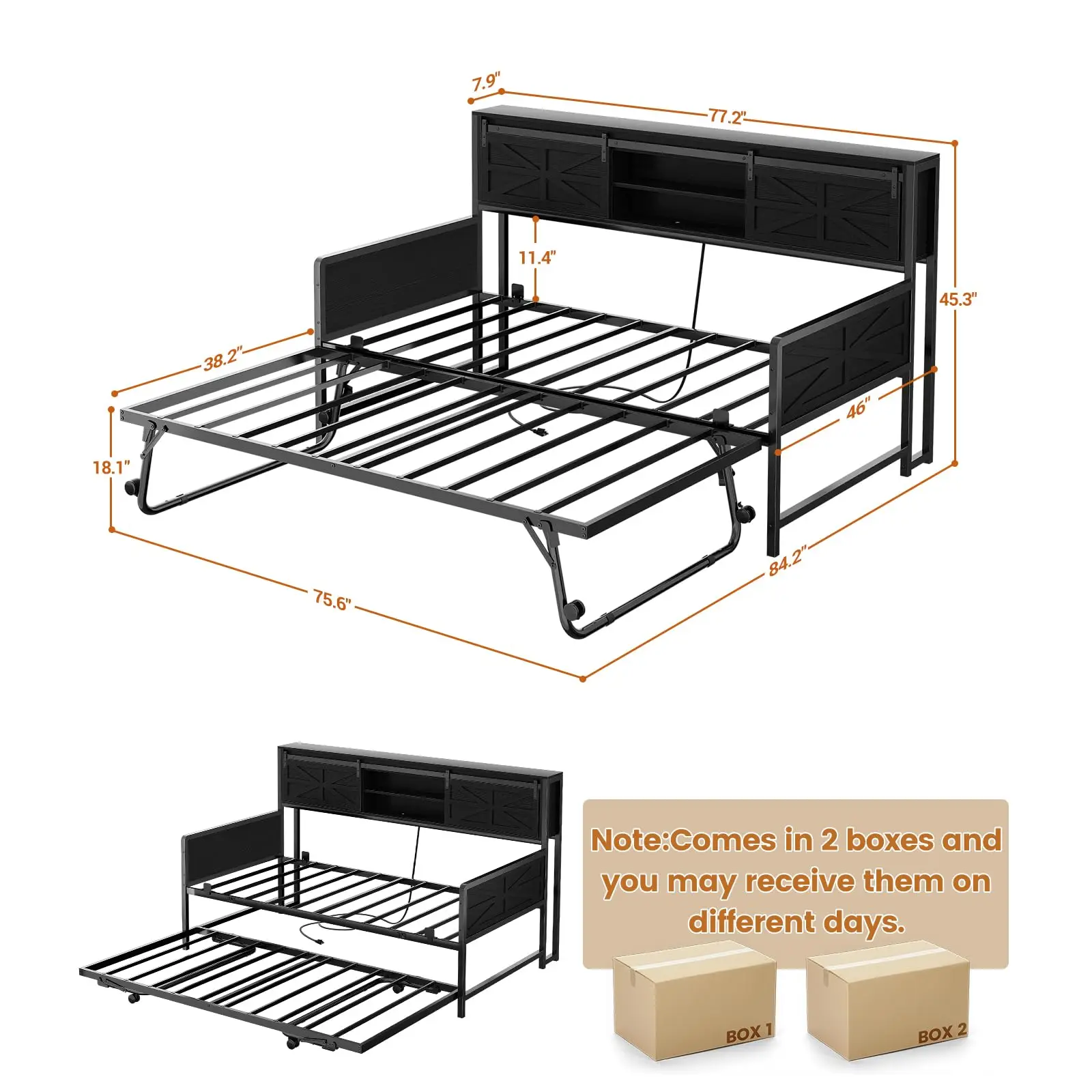 Farmhouse Twin Daybed with Pop-Up Trundle, Black