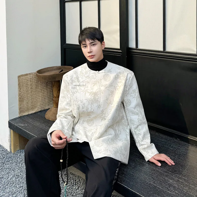 

Новая мужская куртка из искусственной кожи в китайском стиле с оригинальным принтом, круглым вырезом, на пуговицах, модная, молодежная, свободного кроя, с воротником-стойкой