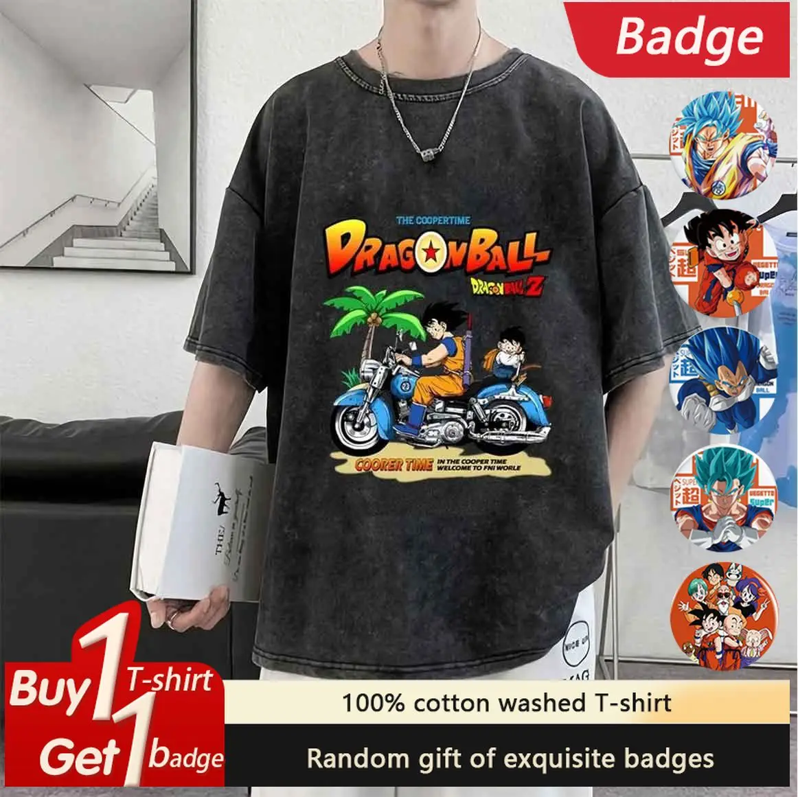 

Summer Y2k Vintage Washed Oversized Men's Clothing T Shirts Anime Dragon Ball Goku Women Short Sleeved Tee Casual Streetwear Top