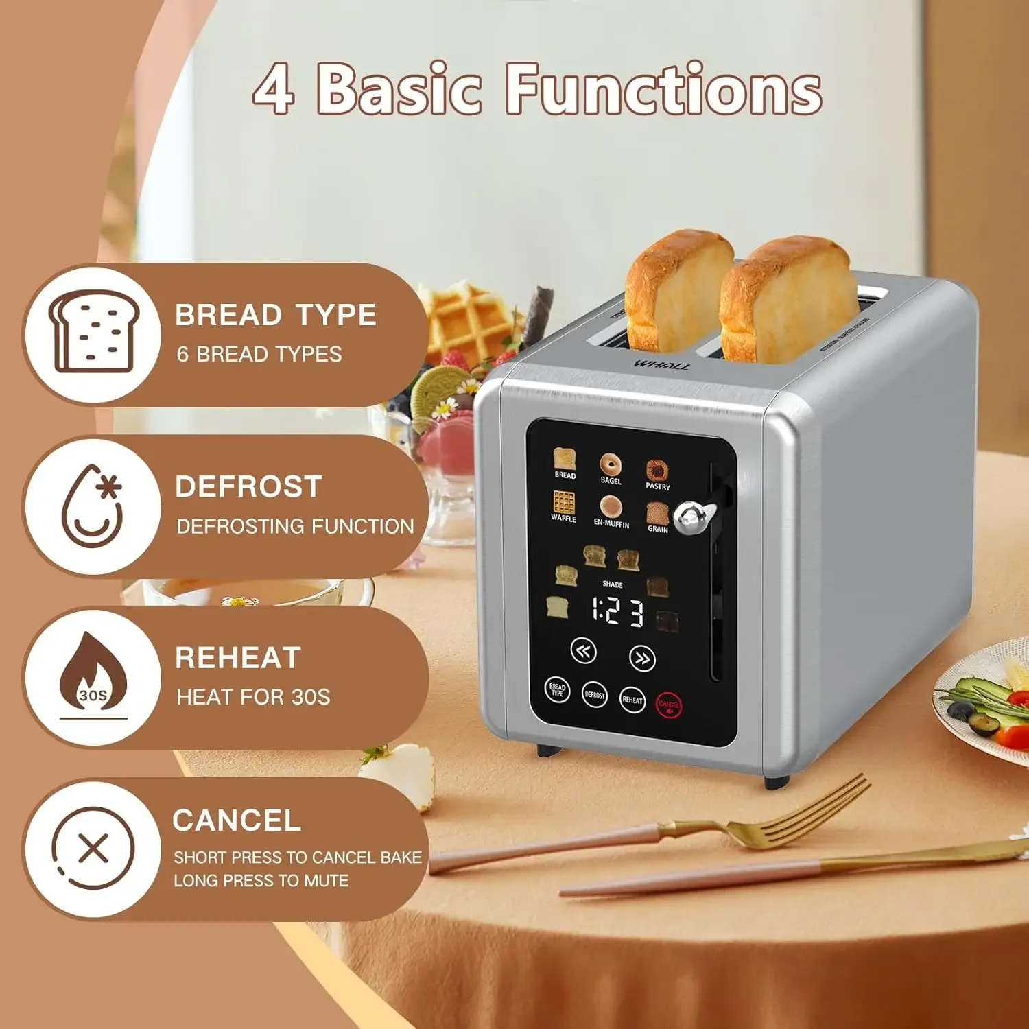 Touch Screen Toaster 2 Slice, Stainless Steel Digital Timer Toaster, 6 Bread Types & 6 Shade Settings, Smart Extra Wide Sl
