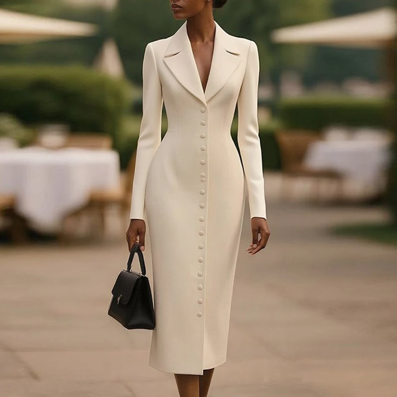 Modigirl Lente Herfst Formele Midi Jurken Bovenkleding Vrouwen 2025, Lange Mouwen Stedelijke Elegante Bodycon Jurken Dames Franse Kleding