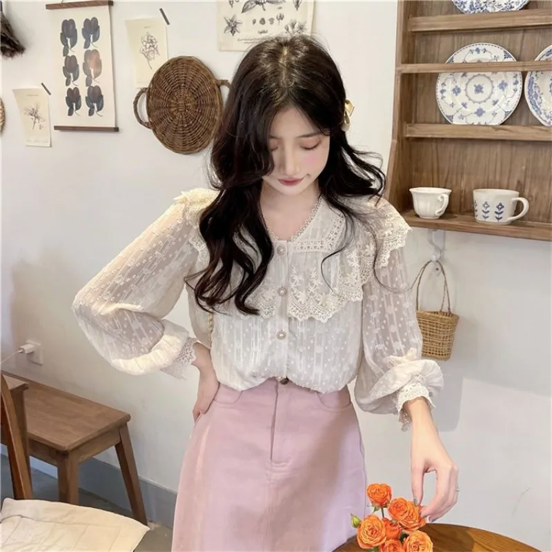 Lace Long Sleeve Shirts Women Ruffle Edge Spring Summer New Style White All-match Elegant Sweet Tops Girls Fashion Blouses Retro