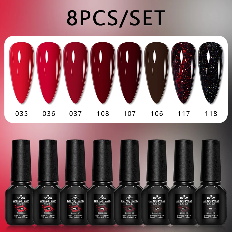 MTSSII 8pcs 7.8ml Gel Nail Polish Set Red Metallic Macaron Colors UV LED Soak Off High Pigment Long Lasting Nail Art