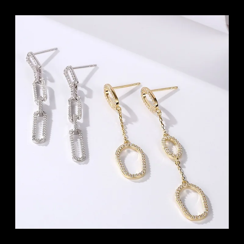 النسخة الكورية من أقراط الزركونيوم المصنوعة من الفضة الإسترليني ذات المزاج البسيط للنساء، دائرة مجوفة هندسية طويلة مهدب