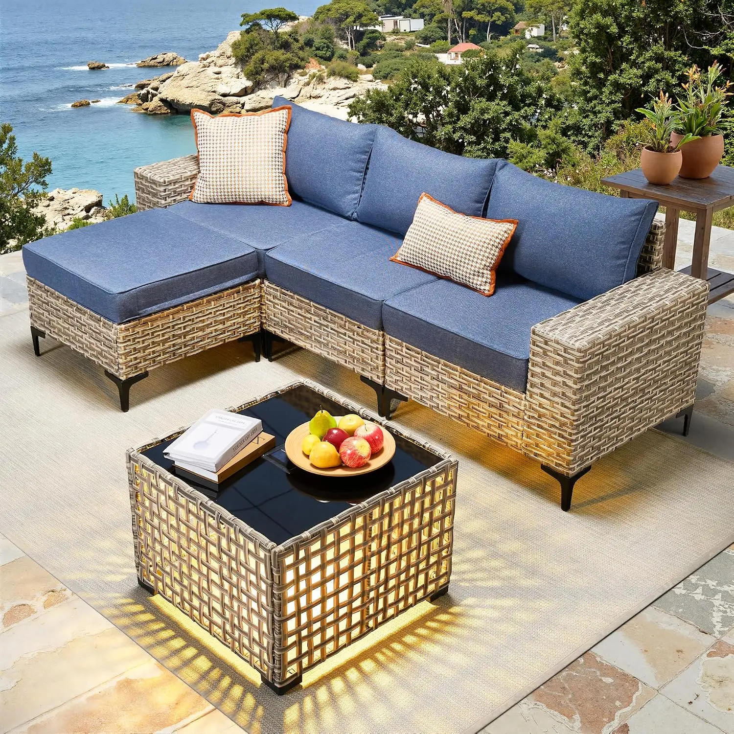 5-Piece Wicker Patio Furniture Set with Coffee Table, Sectional Sofa for Balcony Backyard Poolside Garden, Blue, Customized