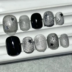 10 Pieces Black Sweet Handsome Press On Nails Handmade Silver Cat Eye Stars Dazzling Eye Catching Fake Nail Patches Removable
