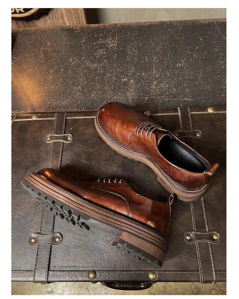 Retro Men's Leather Shoes Big Head Handmade Genuine Leather Men's Shoes Casual Derby Shoes