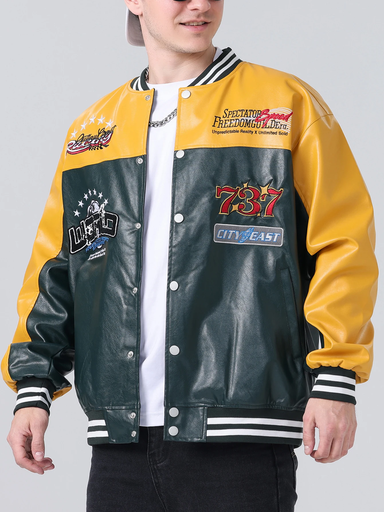 メンズPUレザージャケット、野球スタイル、ストリートウェア、ウィンドブレーカー、バイクコート、刺繍パッチワーク、カジュアル、秋冬アウター