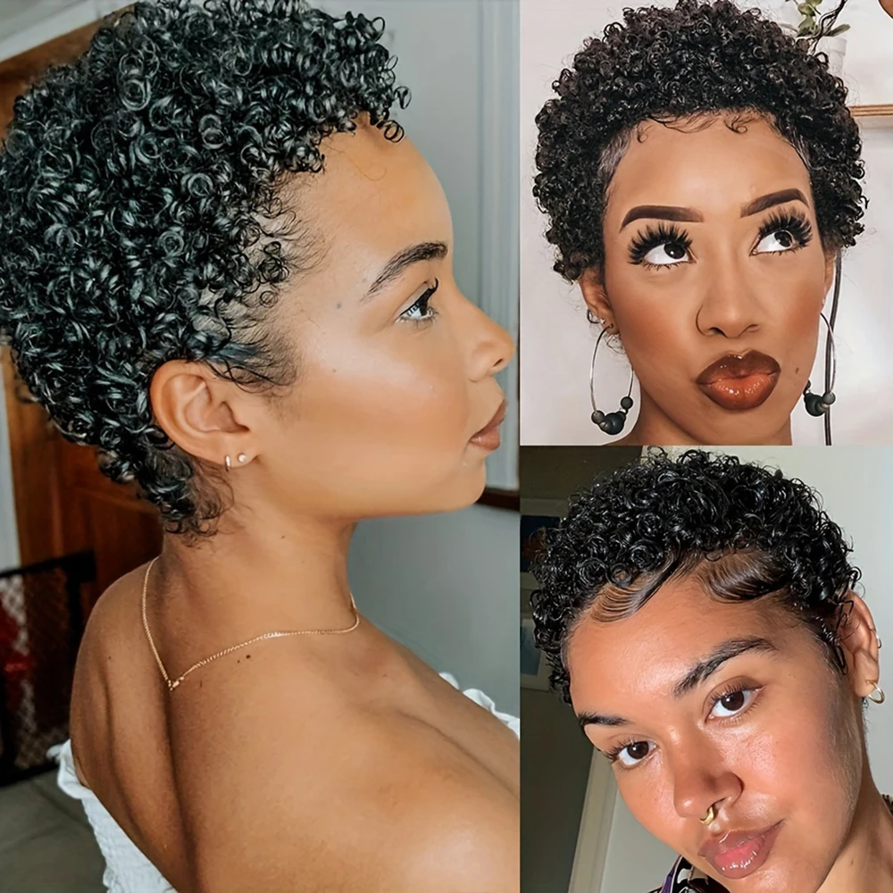 

Pixie Cut Afro Curly 100% Human Hair Wig Short Pixie Cut natural black color Machine Made Human Hair Kinky Curly Wigs for Women