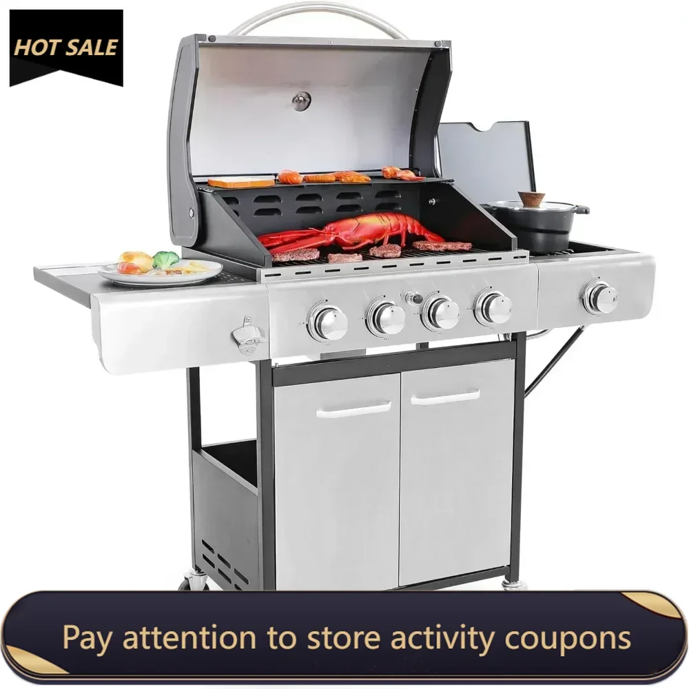 

4-Burner Propane Gas BBQ Grill With Side Burner & Porcelain-Enameled Cast Iron Grates Accessory Kitchen Accessories