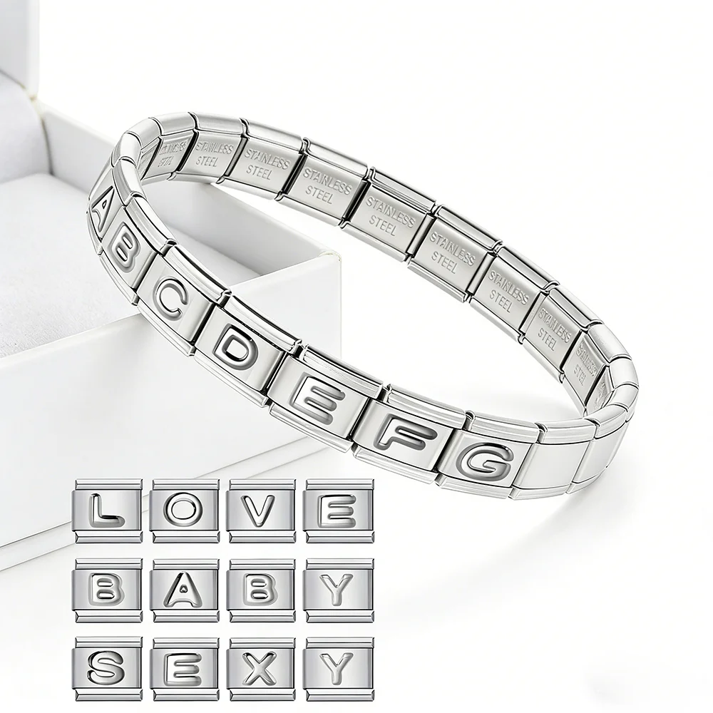 Wholesale Silver Color Basic English Letter 26 A-Z Italian Charm Bracelet fit 9mm Stainless Steel Jewelry DIY Making Bracelet
