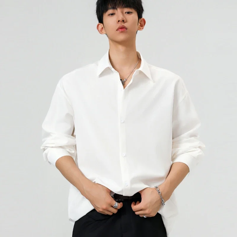 Spring Autumn Male Lapel Long Sleeve Shirt Full Button Front Soft Silky Cloth Outdoor Travel Urban Commute Outer Garment