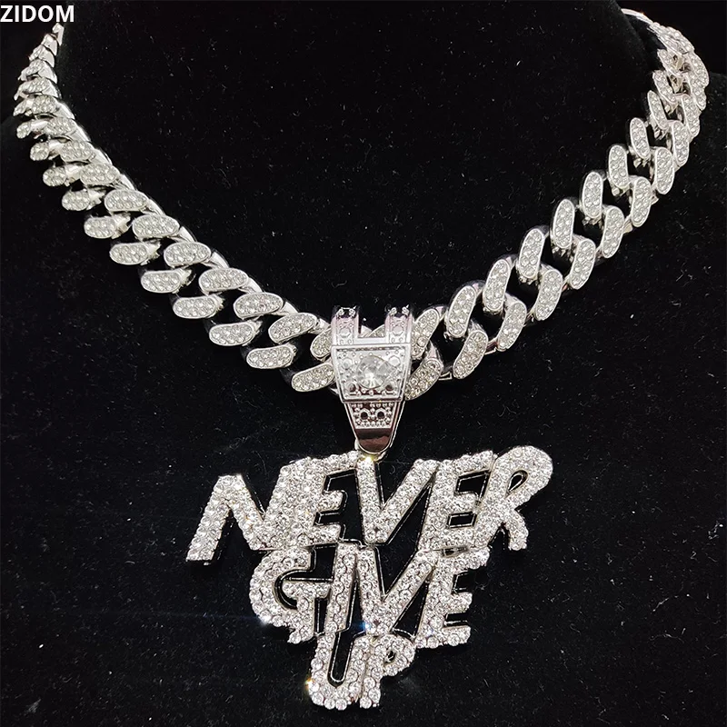Männer Frauen Hip Hop VERGEBEN NEVER UP Anhänger Halskette 13mm Kristall Kubanischen Kette HipHop Iced Out Bling Halsketten mode Charme Schmuck