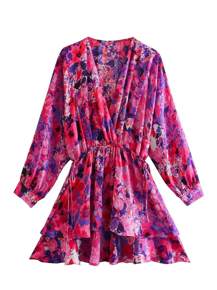 KEYANKETIAN Women Fashion V Neck Floral Print Double Layer Ruffles A Line Mini Shirt Dress Female Chic Loose Lace Up Lady Outfit