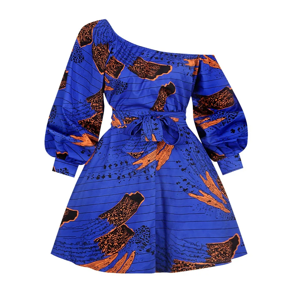 

Vintage Blue African Dashiki Print Dresses Women Summer New Sexy Shoulder Off African Dress Evening Party Dinner African Clothes