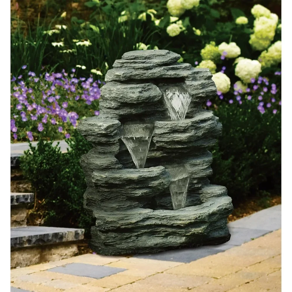 Outdoor Water Fountain With Cascading Waterfall, Natural Looking Stone and Soothing Sound for Decor on Lawn, Garden